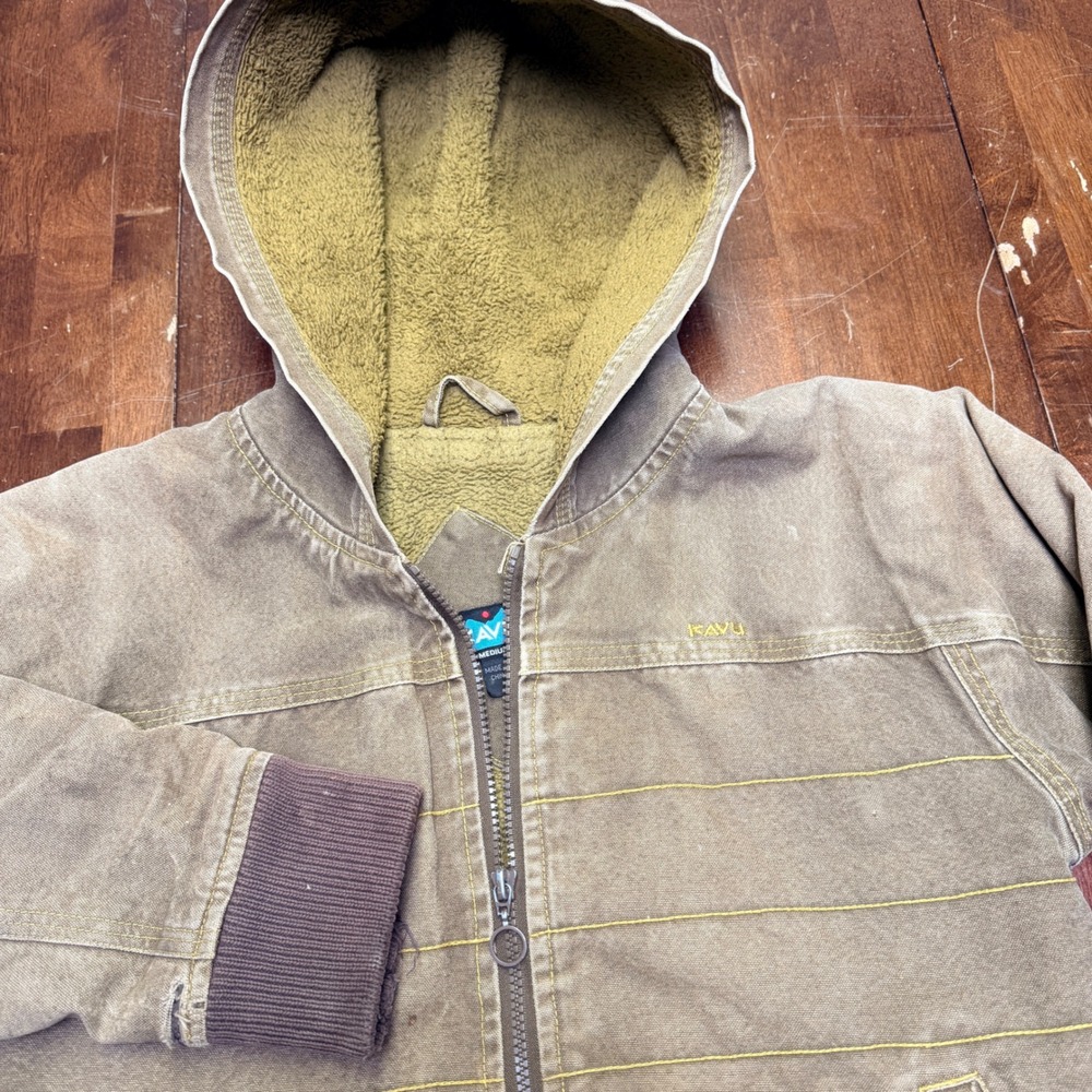 KAVU Sherpa Lined‎ Canvas Hooded Jacket Youth Medium Brown Zip Up Casual